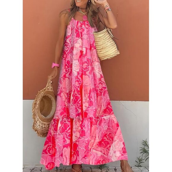 Dokotoo Women Summer Dresses Spaghetti Strap Scoop Neck Smocked Ruffle Flowy Boh - Picture 1 of 4